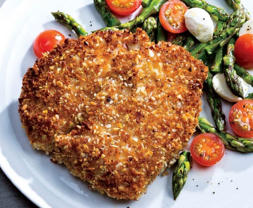 Almond-Crusted Veal Cutlet w/Asparagus Caprese Salad
