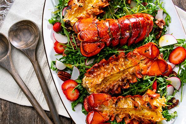Grilled Citrus Lobster Tails with Arugula Salad and Fresh Strawberries