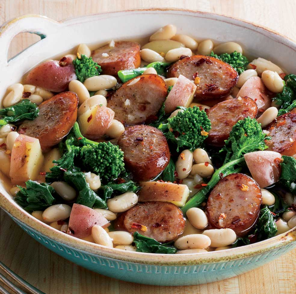 Hearty Broccoli Raab with Chicken Sausage, White Beans and Potatoes