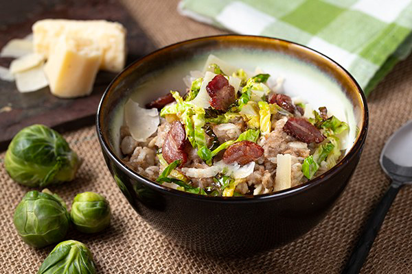 Savory Oatmeal with Parsnip Brussels Sprouts Crispy Bacon and Parmesan